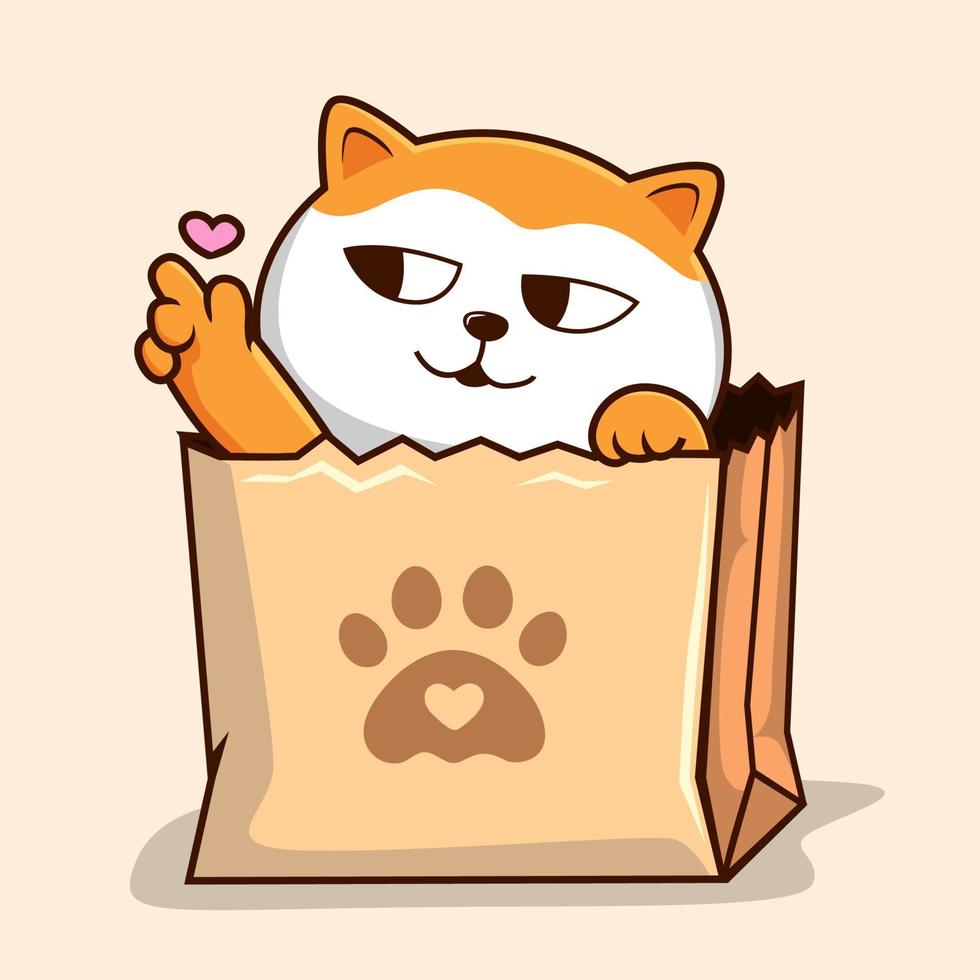 Cat in Paper Bag - Orange White Pussy Cat with Love Finger in Shopping Bag vector