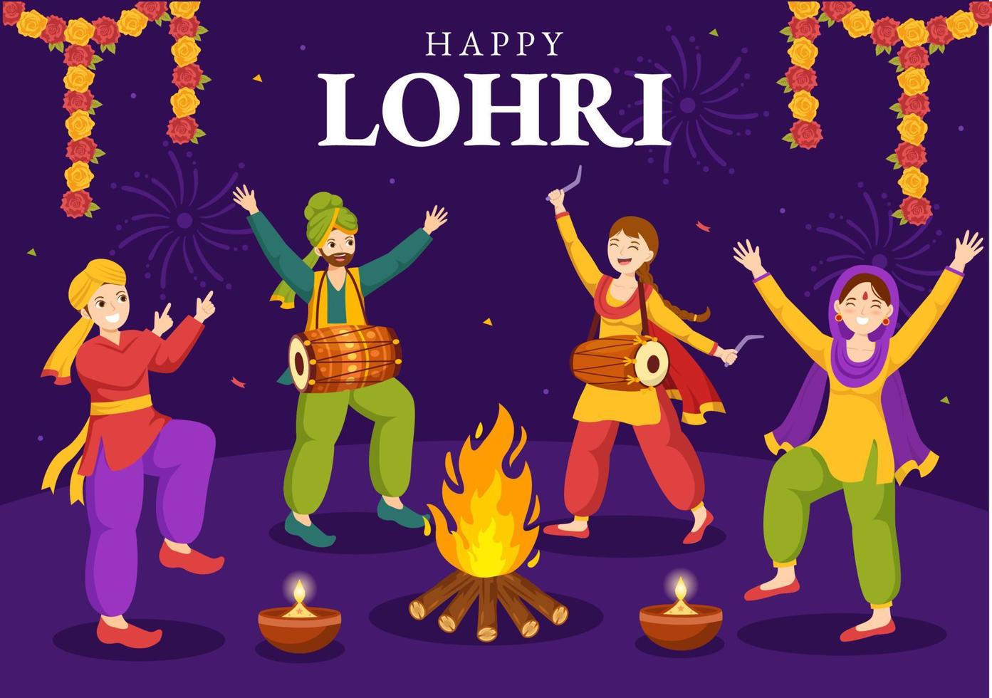 contento lohri festival de Punjab India ilustración con jugando danza y celebracion hoguera en plano dibujos animados mano dibujado para aterrizaje página plantillas vector