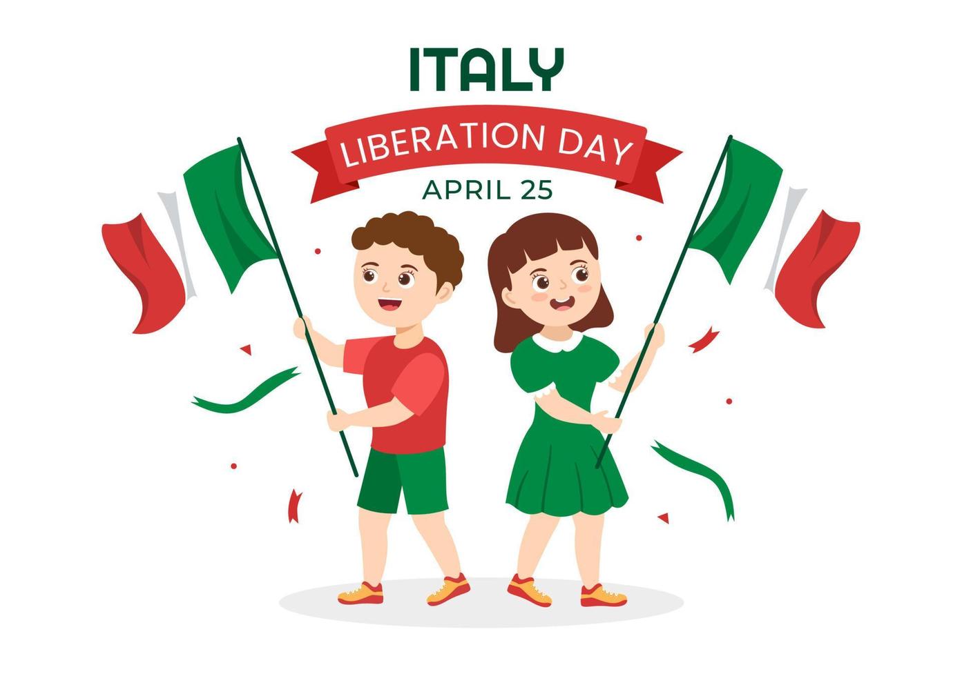 Italy Liberation Day Illustration with Kids, Holiday Celebrate on April 25 and Wave Flag Italian in Flat Cartoon Hand Drawn for Landing Page Templates vector