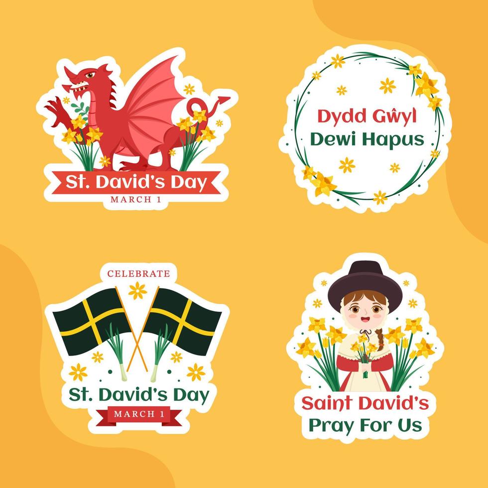 Happy St David's Day Label Flat Cartoon Hand Drawn Templates Background Illustration vector