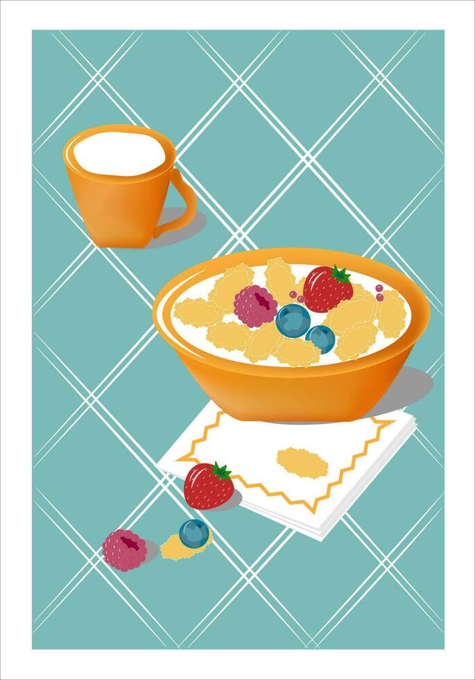 breakfast cereal with fruits and milk vector