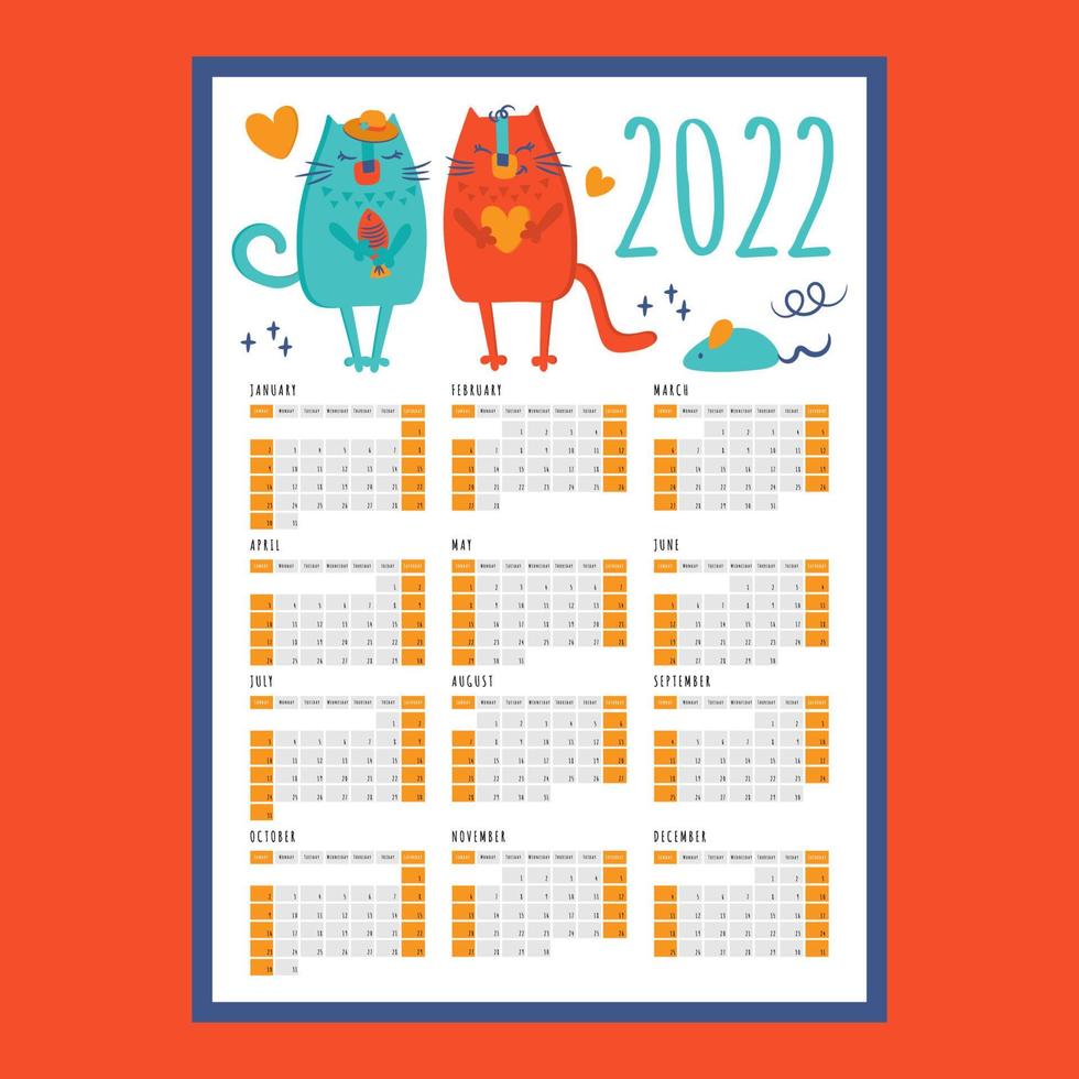 CAT LOVE CALENDAR 2022 Year Organizer Vector Illustration Set