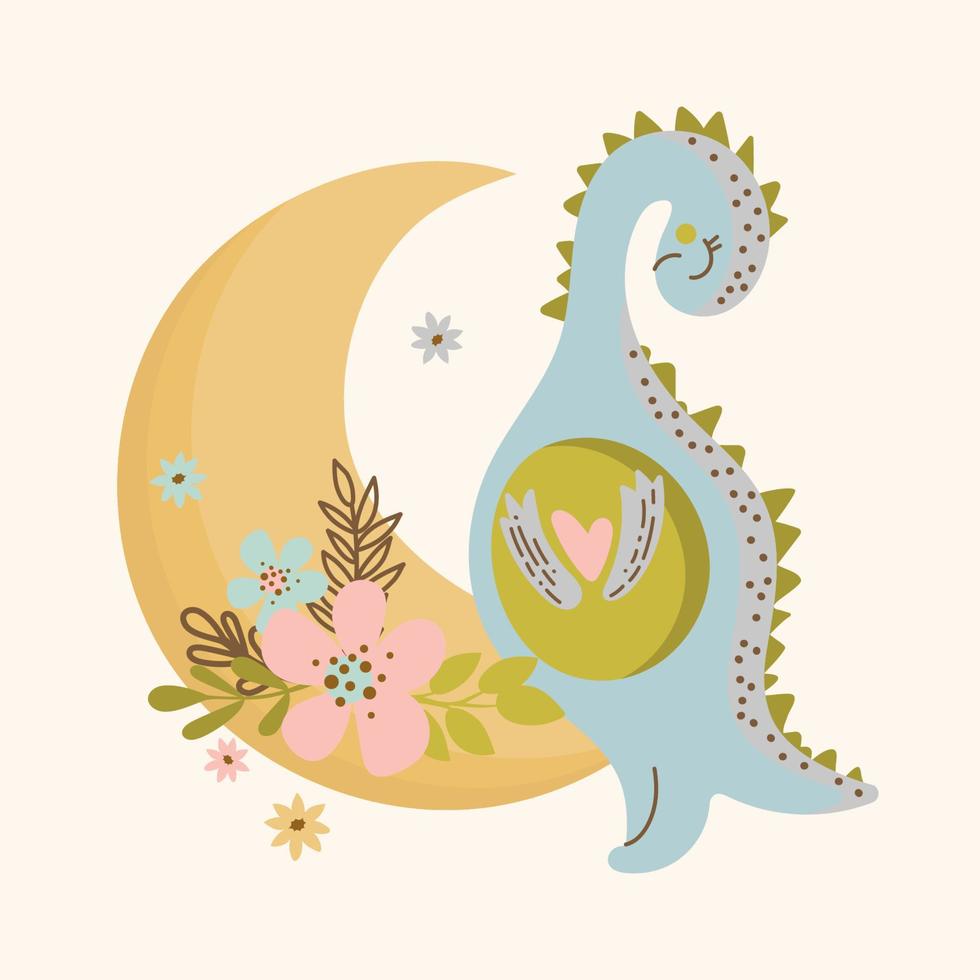 C Luna dino dibujos animados mano dibujado vector ilustración impresión