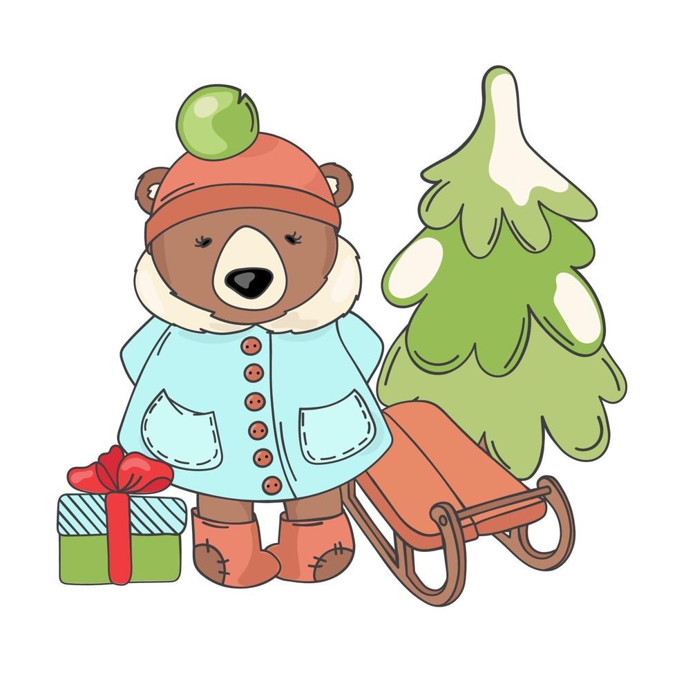 BEAR SLEIGH Merry Christmas Cartoon Vector Illustration Set