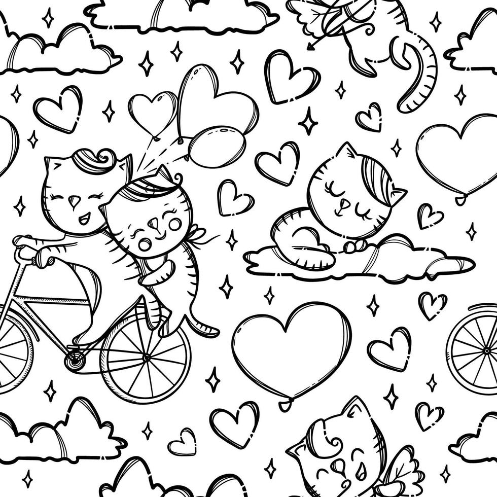 BICYCLE CATS Valentine Day Seamless Pattern Vector Illustration