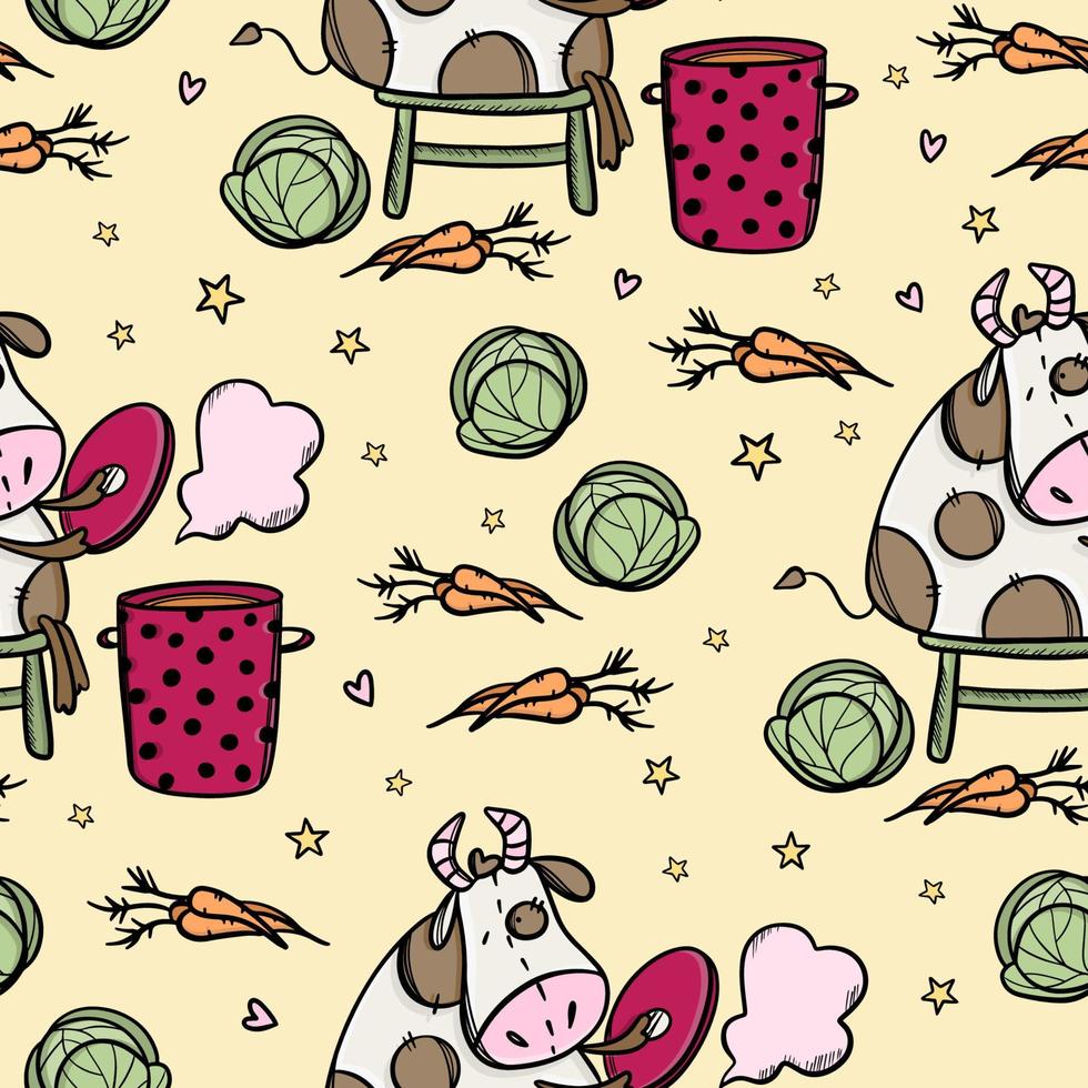 COW IS COOKING BORSCH Seamless Pattern Vector Illustration