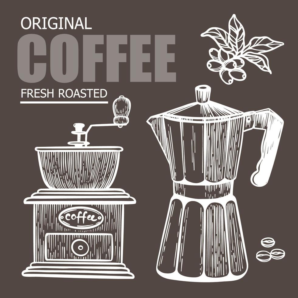 café fabricante bosquejo molino diseño etiqueta vector ilustración conjunto