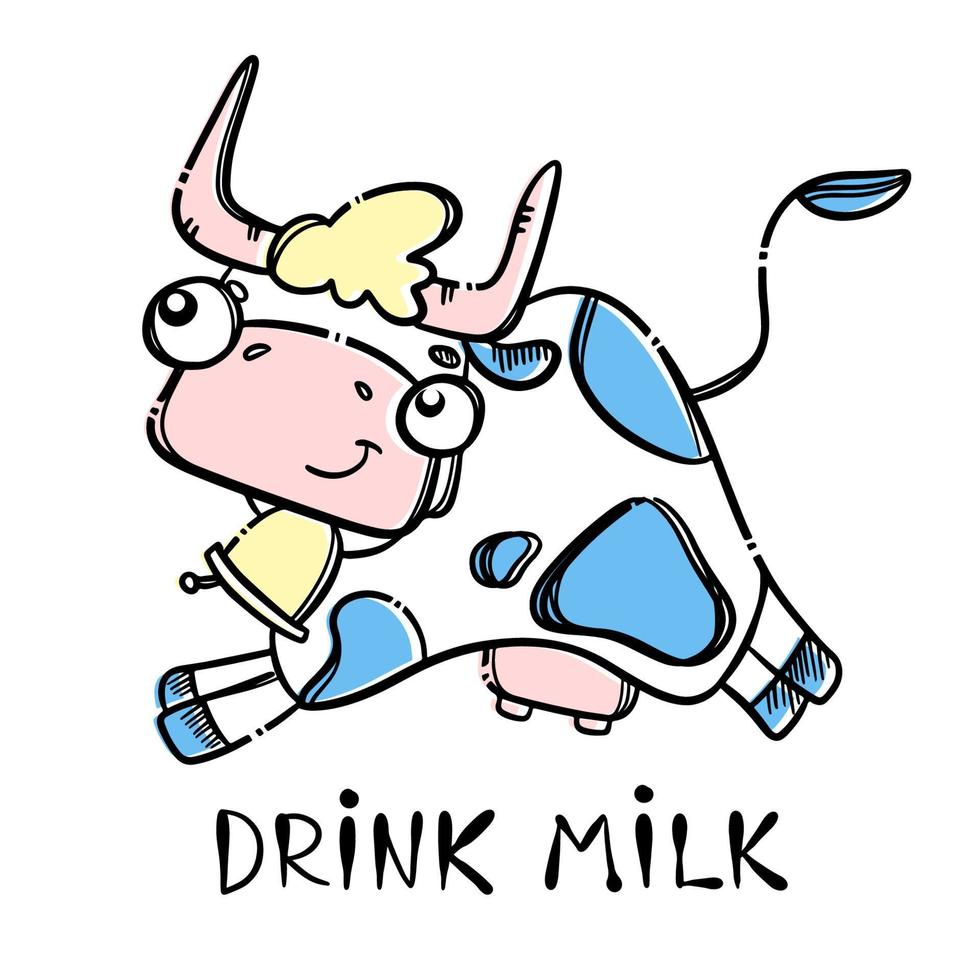 DRINK MILK Cartoon Cow In Sketch Style Vector Illustration Set