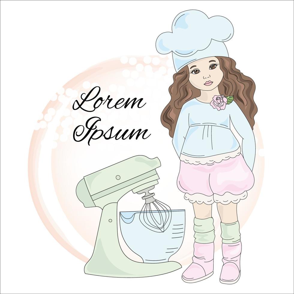 COOKING GIRL Children Cartoon Dessert Vector Illustration Set