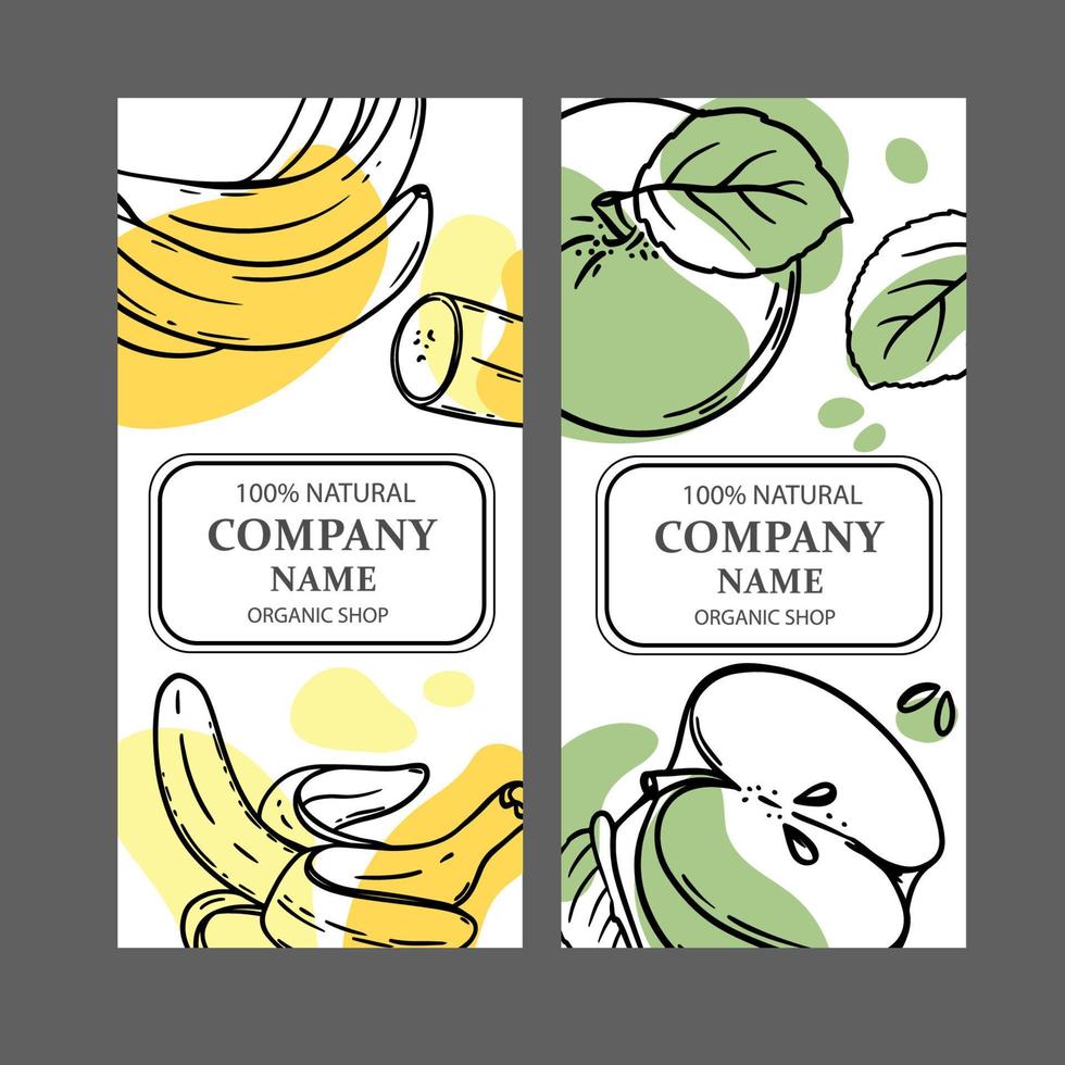 manzana plátano diseño etiquetas bosquejo vector ilustración conjunto