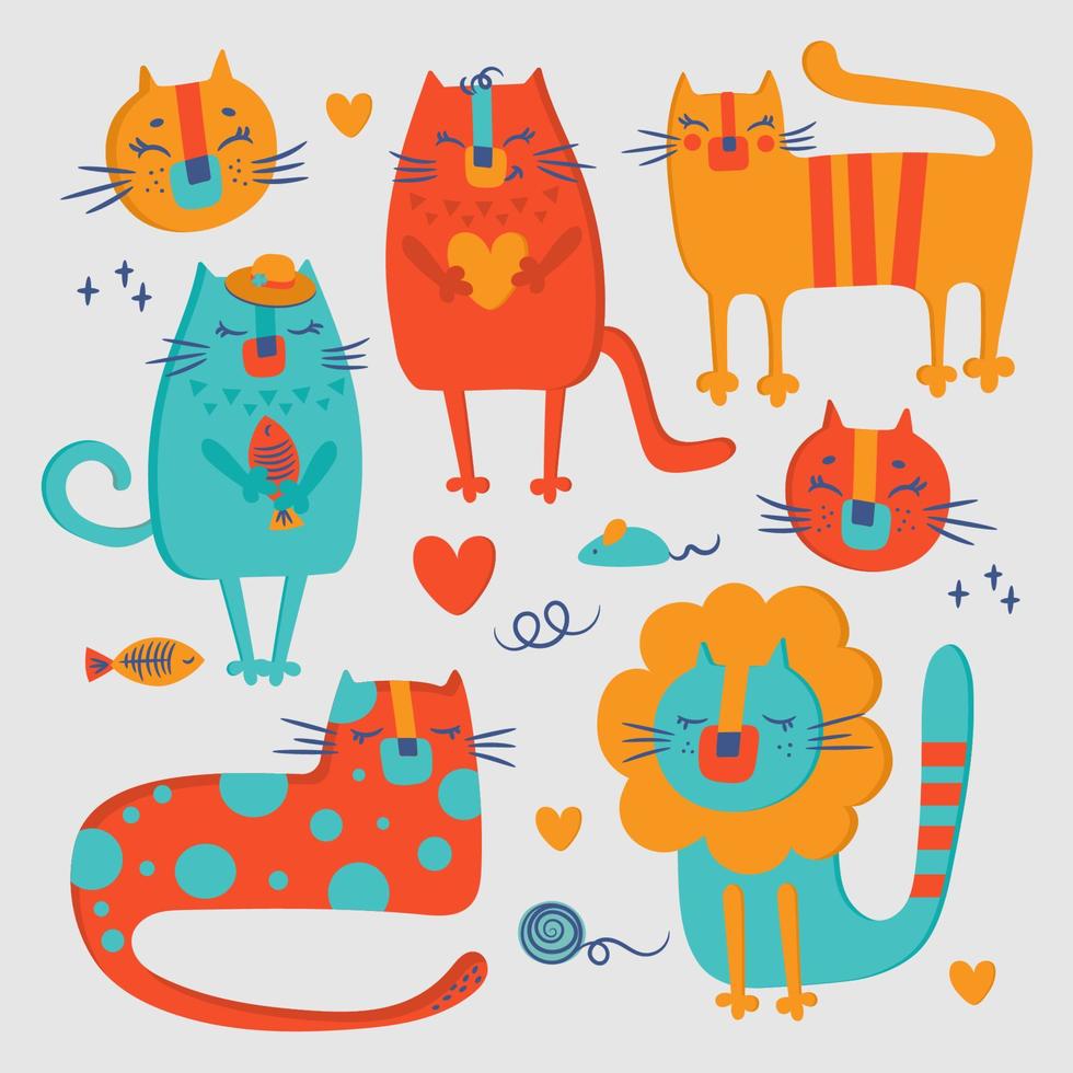 CAT ZOO Hand Drawn Flat Design Cartoon Vector Illustration Set