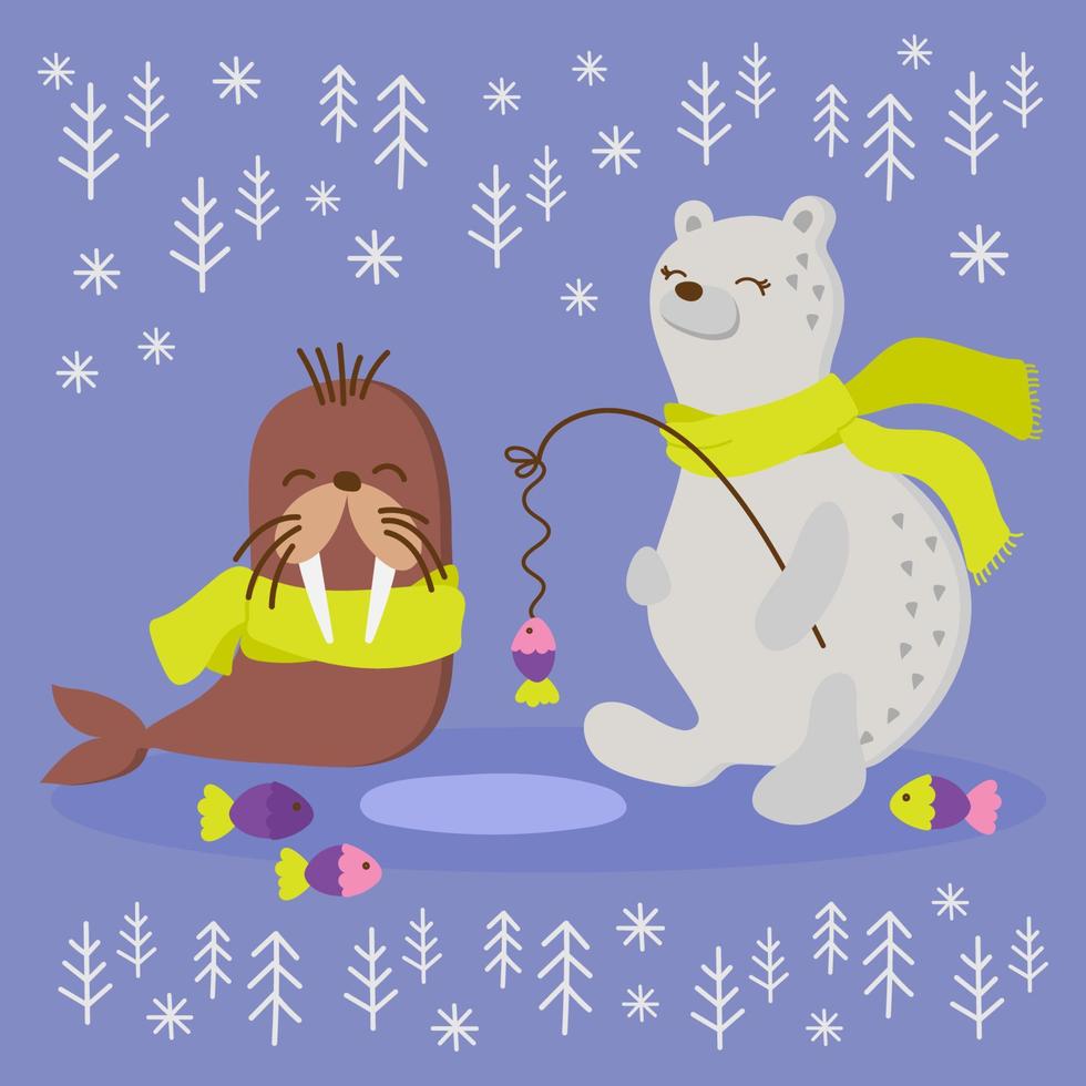 ALASKA WALRUS Flat Design Winter Fishing Vector Illustration