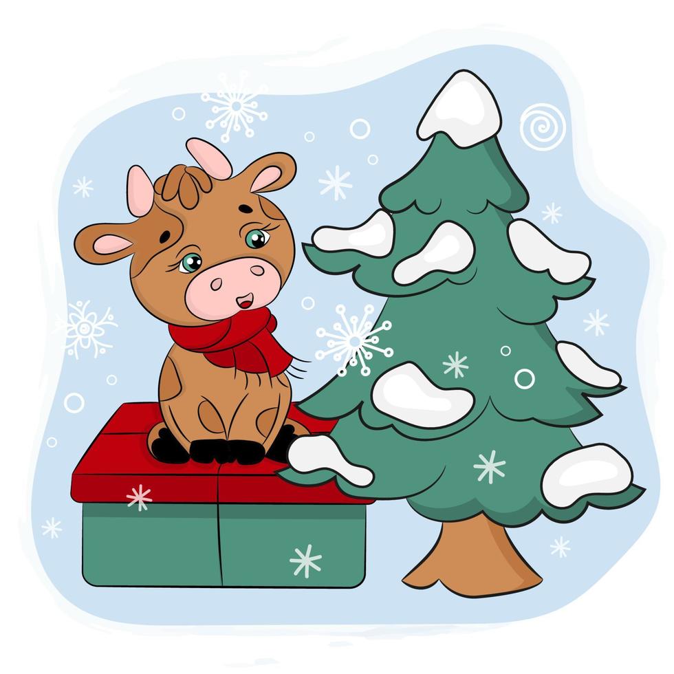 CUTE BULL WITH GIFT AND CHRISTMAS TREE Vector Illustration Set