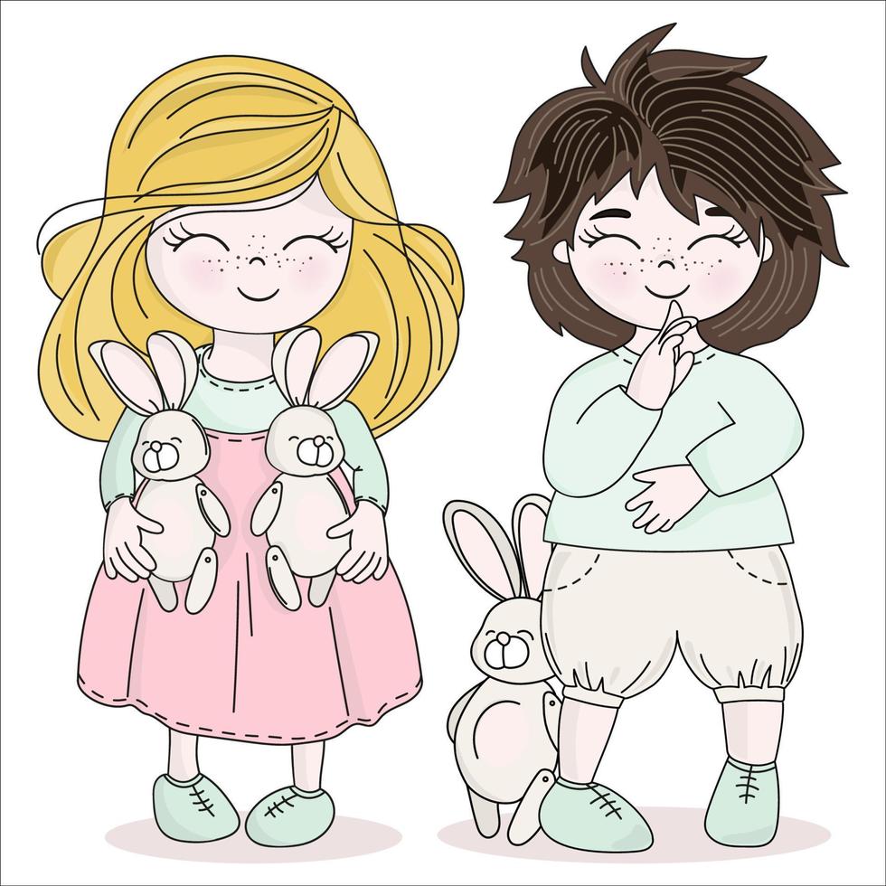 BUNNY KIDS Holy Easter Holiday Vector Illustration Set