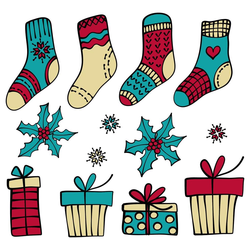 CHRISTMAS SOCKS New Year Cartoon Vector Illustration Set