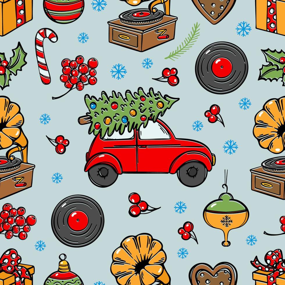 Navidad retro coche entregando árbol sin costura modelo vector