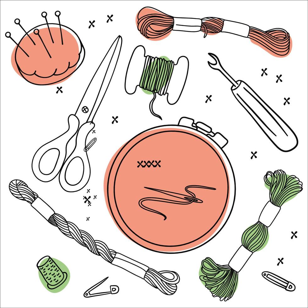 CROSS STITCH TOOLS Embroidery Vector Illustration Set