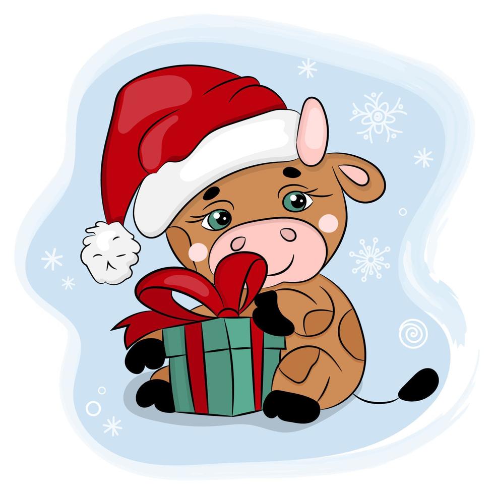 linda dibujos animados toro en Papa Noel sombrero en un azul antecedentes vector