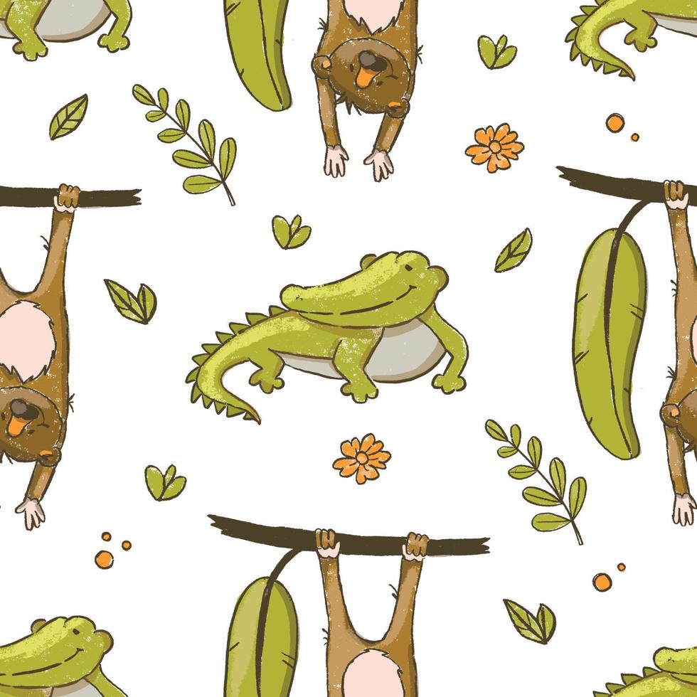 CROCODILE AND MONKEY Hand Drawn Grunge Seamless Pattern vector