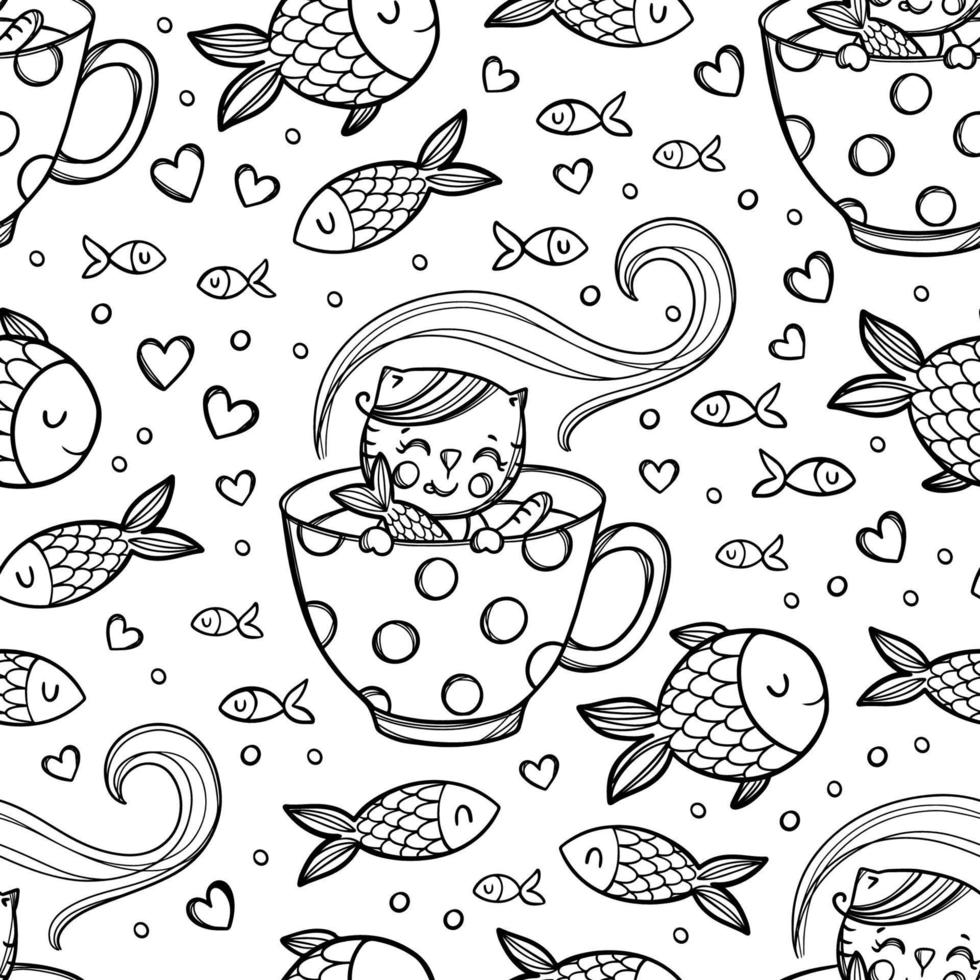 CAT LOVE FISH Sits In Mug Seamless Pattern Vector Illustration