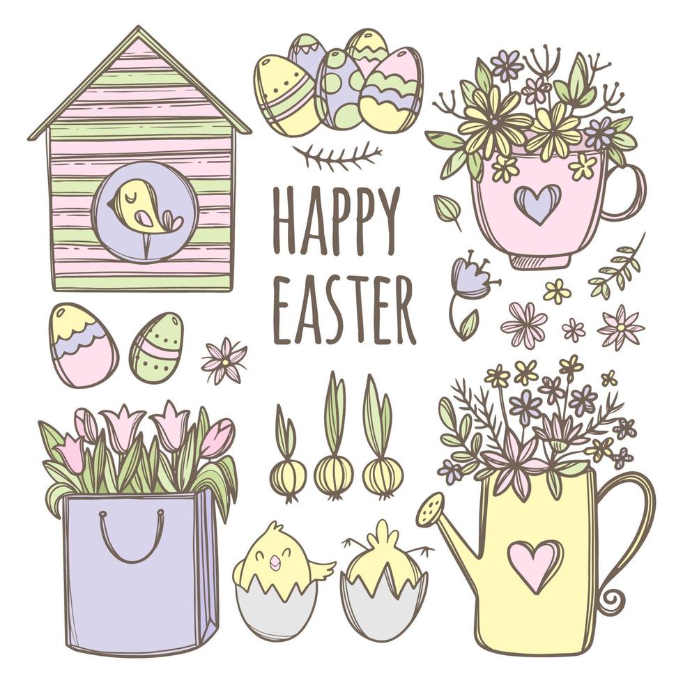 EASTER HAS COME Holiday Cartoon Clip Art Vector Illustration Set