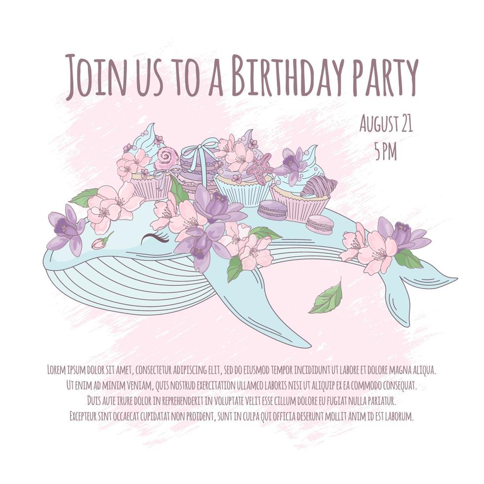 BIRTHDAY PARTY Floral Whale Cartoon Vector Illustration Set