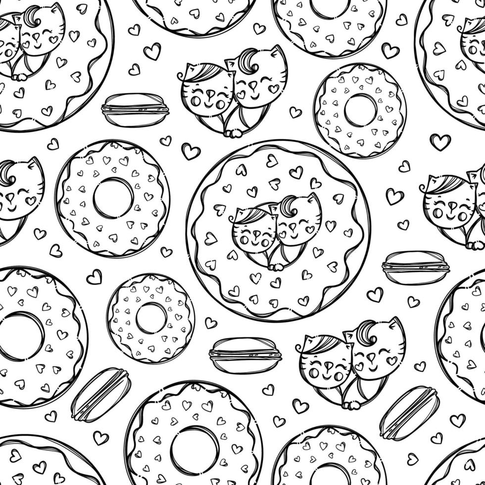 CAT IN DONUT Monochrome Seamless Pattern Vector Illustration