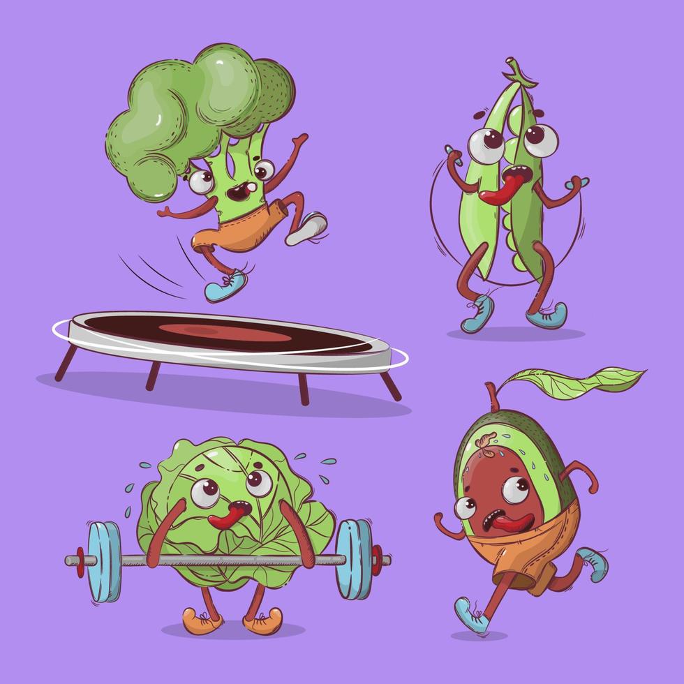 Atletas vegetales dibujos animados camiseta vector ilustración conjunto