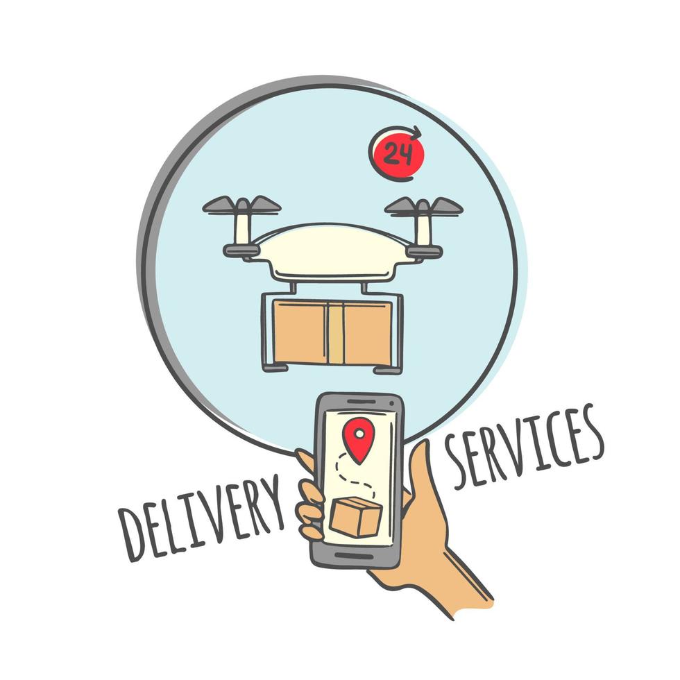 DRONE DELIVER Goods Smartphone One Click Services Vector
