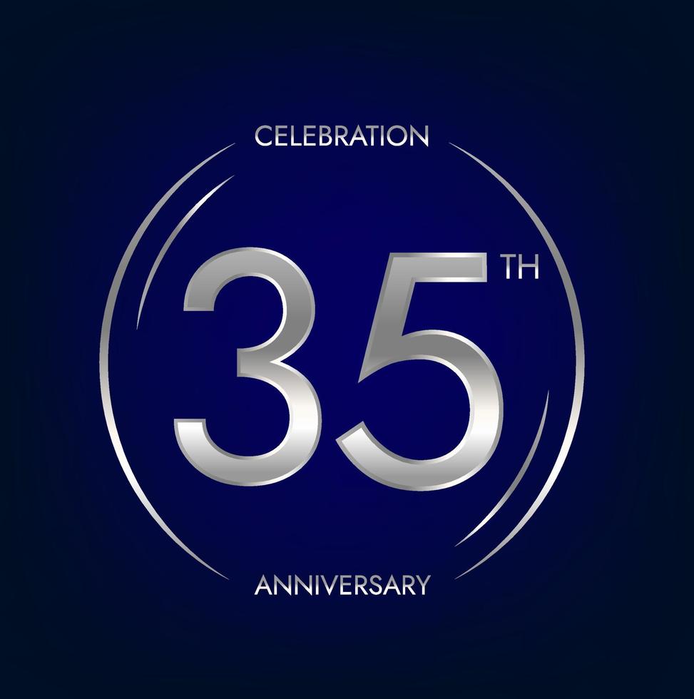 35th anniversary. Thirty-five years birthday celebration banner in silver color. Circular logo with elegant number design. vector