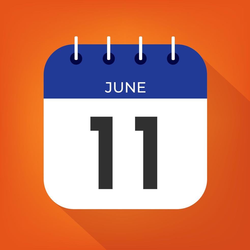June day 11. Number eleven on a white paper with blue color border on a orange background vector. vector