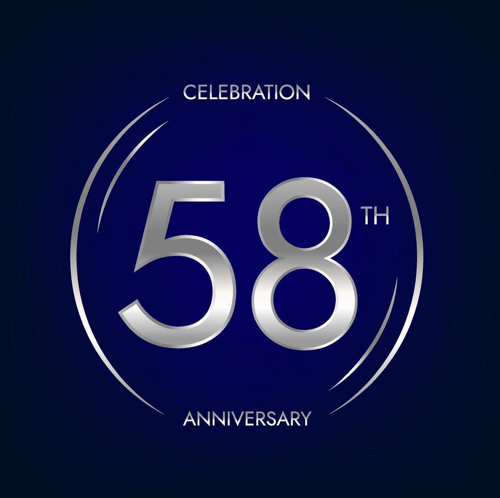 58th anniversary. Fifty-eight years birthday celebration banner in silver color. Circular logo with elegant number design. vector