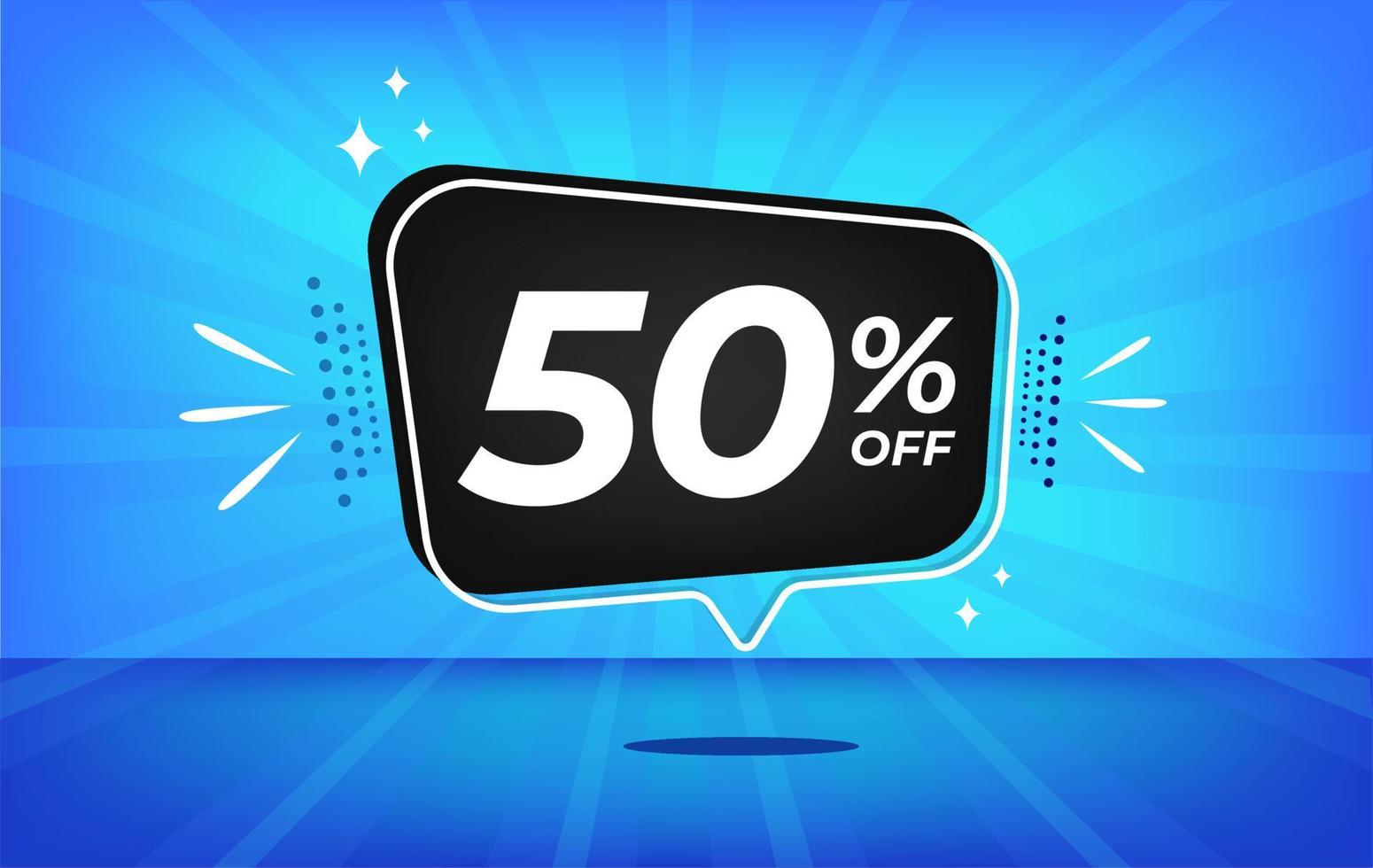 50 percent off. Blue banner with fifty percent discount on a black balloon for mega big sales. vector