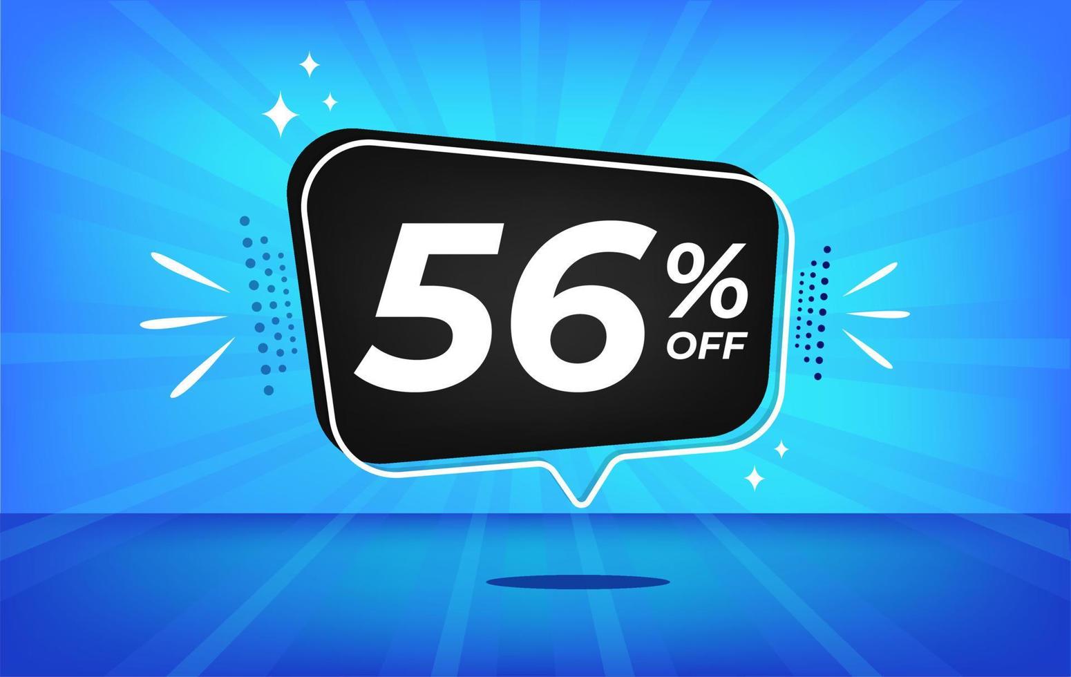 56 percent off. Blue banner with fifty-six percent discount on a black balloon for mega big sales. vector