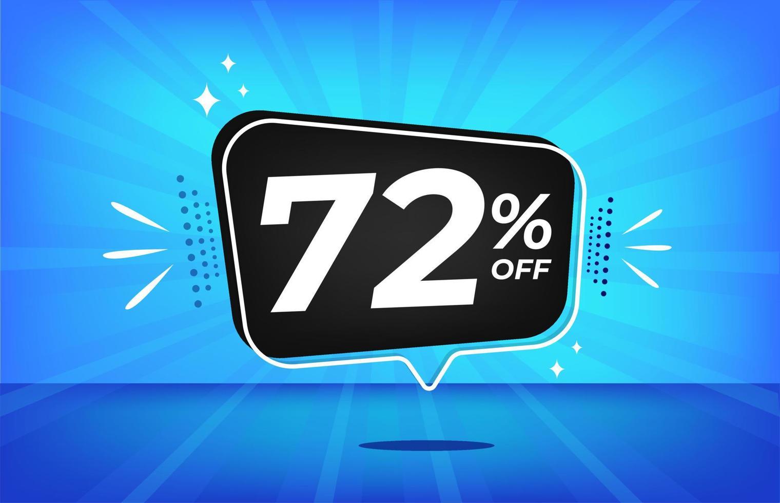 72 percent off. Blue banner with seventy-two percent discount on a black balloon for mega big sales. vector