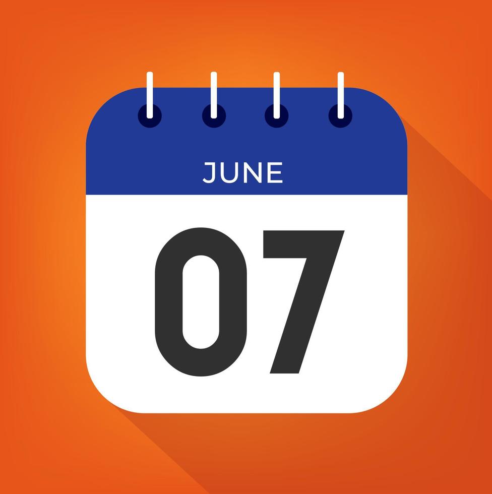 June day 7. Number seven on a white paper with blue color border on a orange background vector. vector