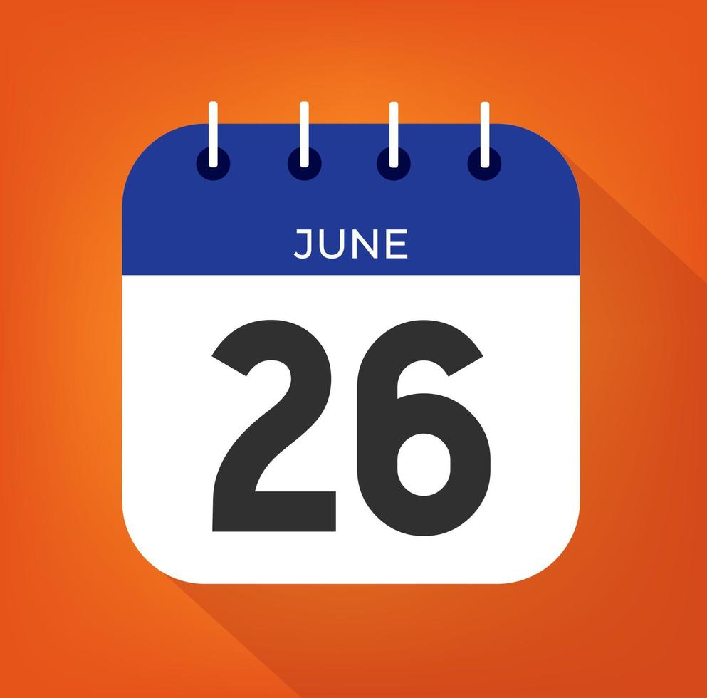 June day 26. Number twenty-six on a white paper with blue color border on a orange background vector. vector