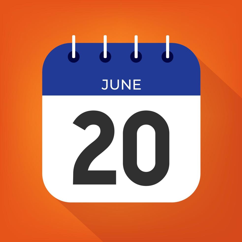 June day 20. Number twenty on a white paper with blue color border on a orange background vector. vector