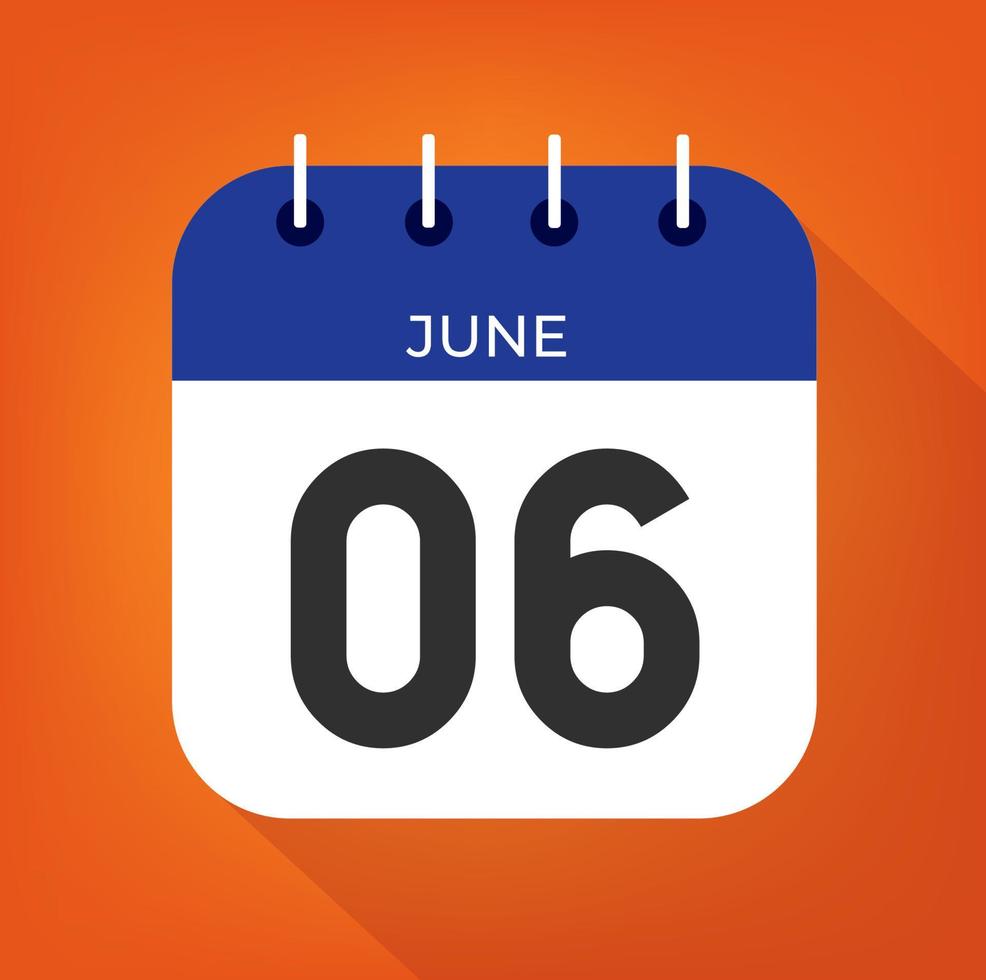 June day 6. Number six on a white paper with blue color border on a orange background vector. vector
