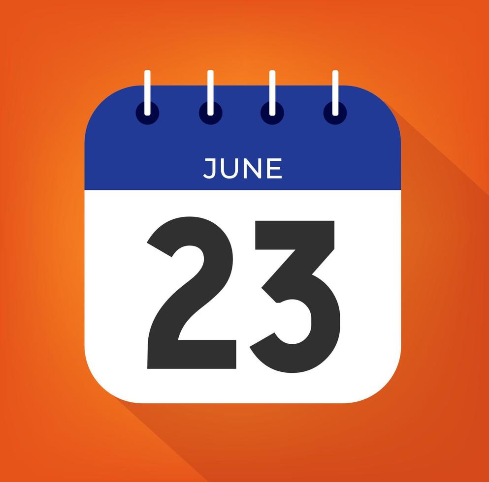 June day 23. Number twenty-three on a white paper with blue color border on a orange background vector. vector