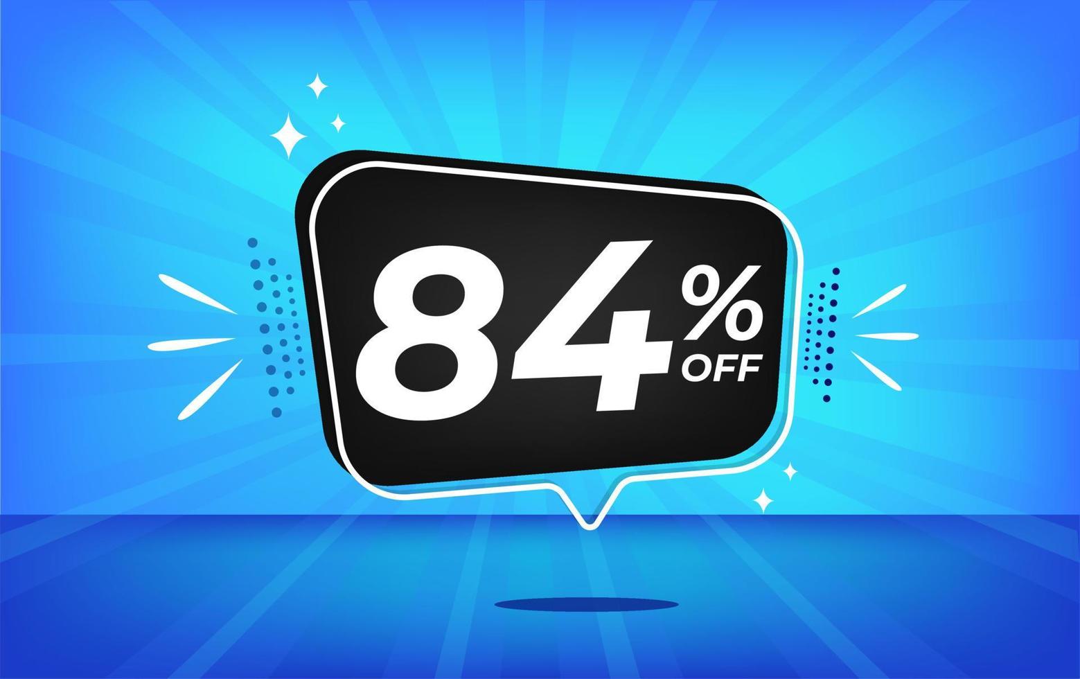 84 percent off. Blue banner with eighty percent discount on a black balloon for mega big sales. vector