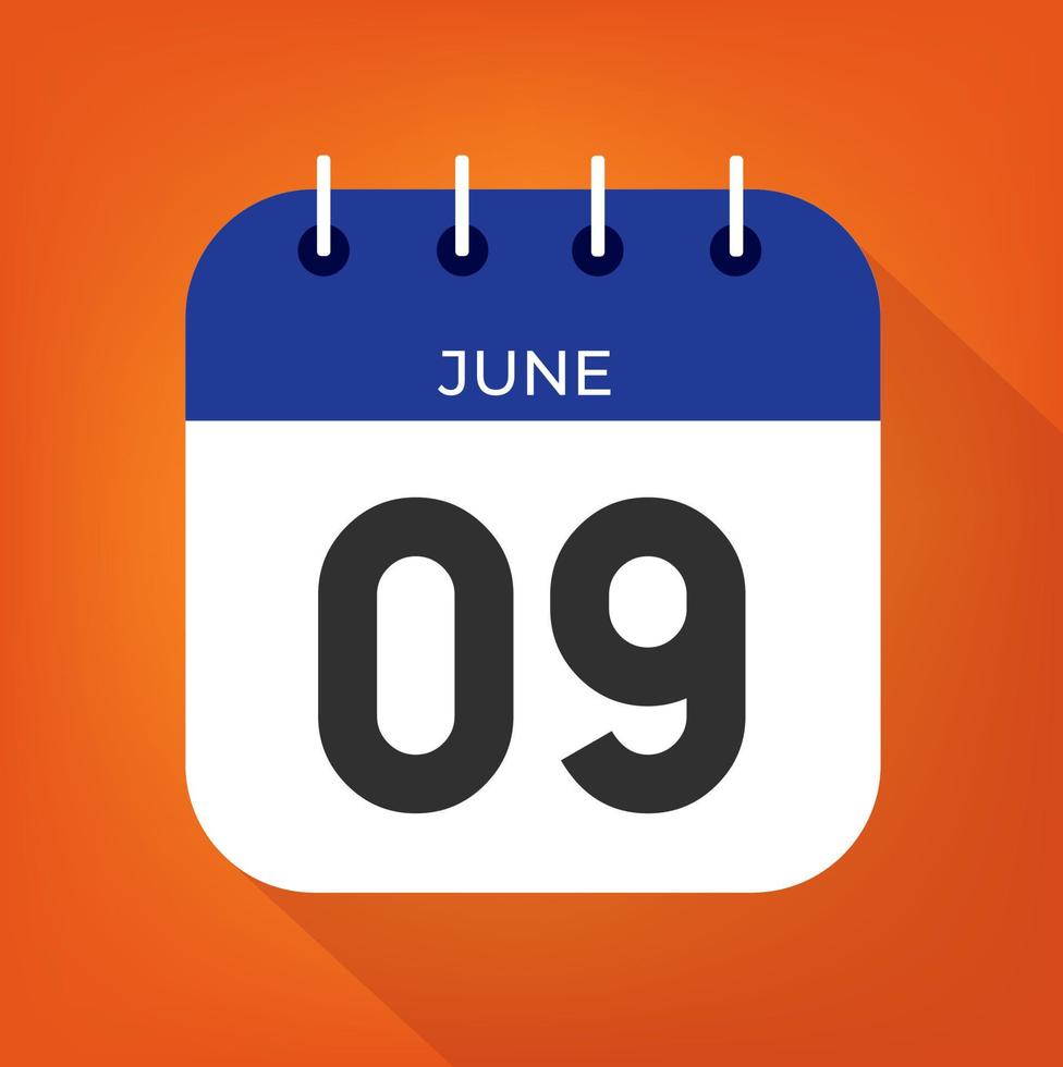 June day 9. Number nine on a white paper with blue color border on a orange background vector. vector