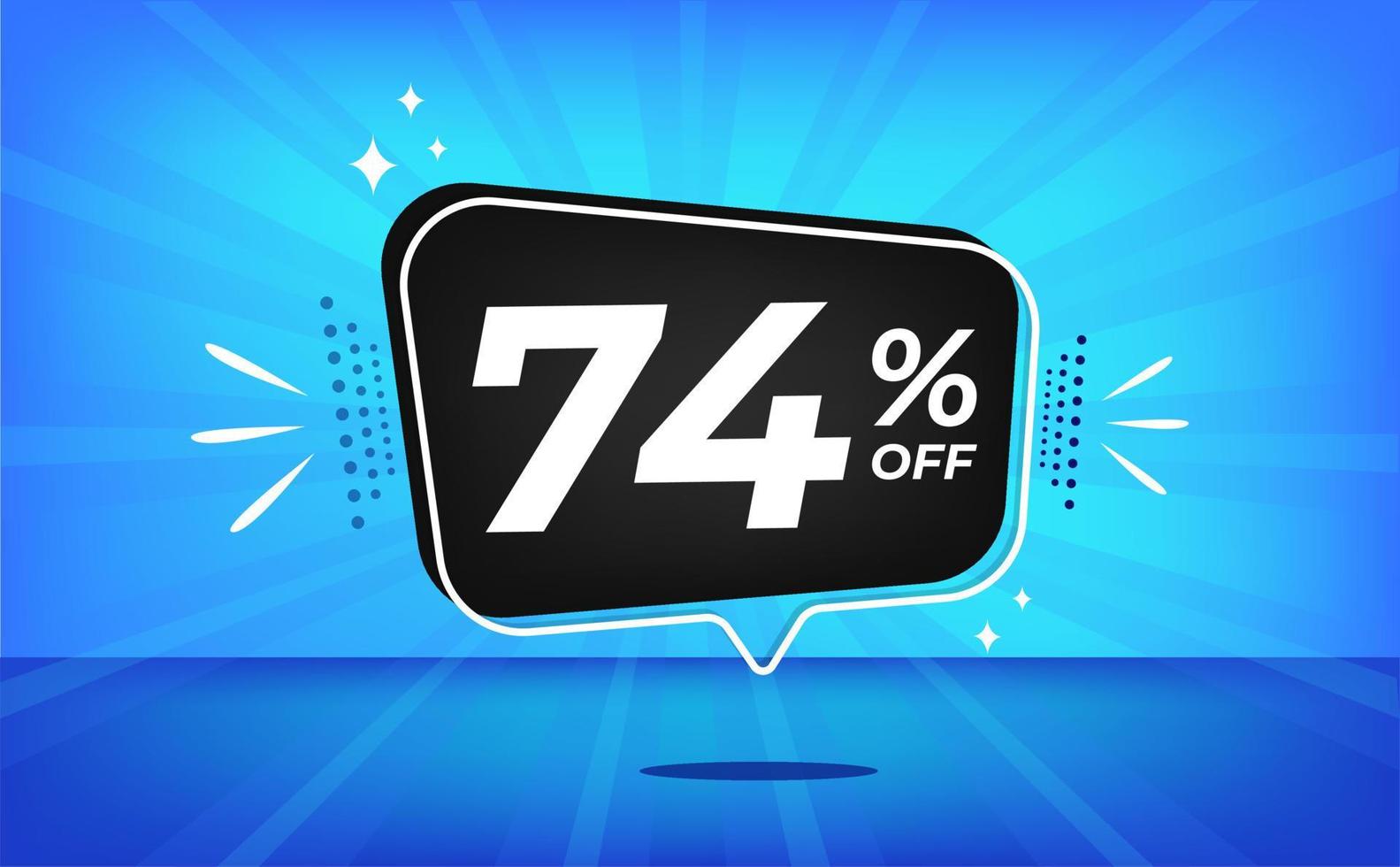 74 percent off. Blue banner with seventy-four percent discount on a black balloon for mega big sales. vector