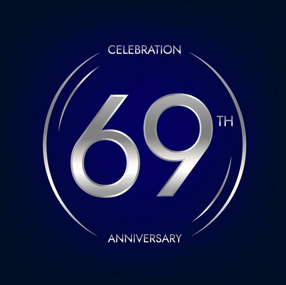 69th anniversary. Sixty-nine years birthday celebration banner in silver color. Circular logo with elegant number design. vector