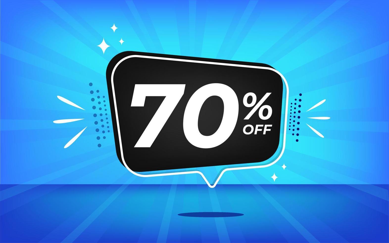 70 percent off. Blue banner with seventy percent discount on a black balloon for mega big sales. vector