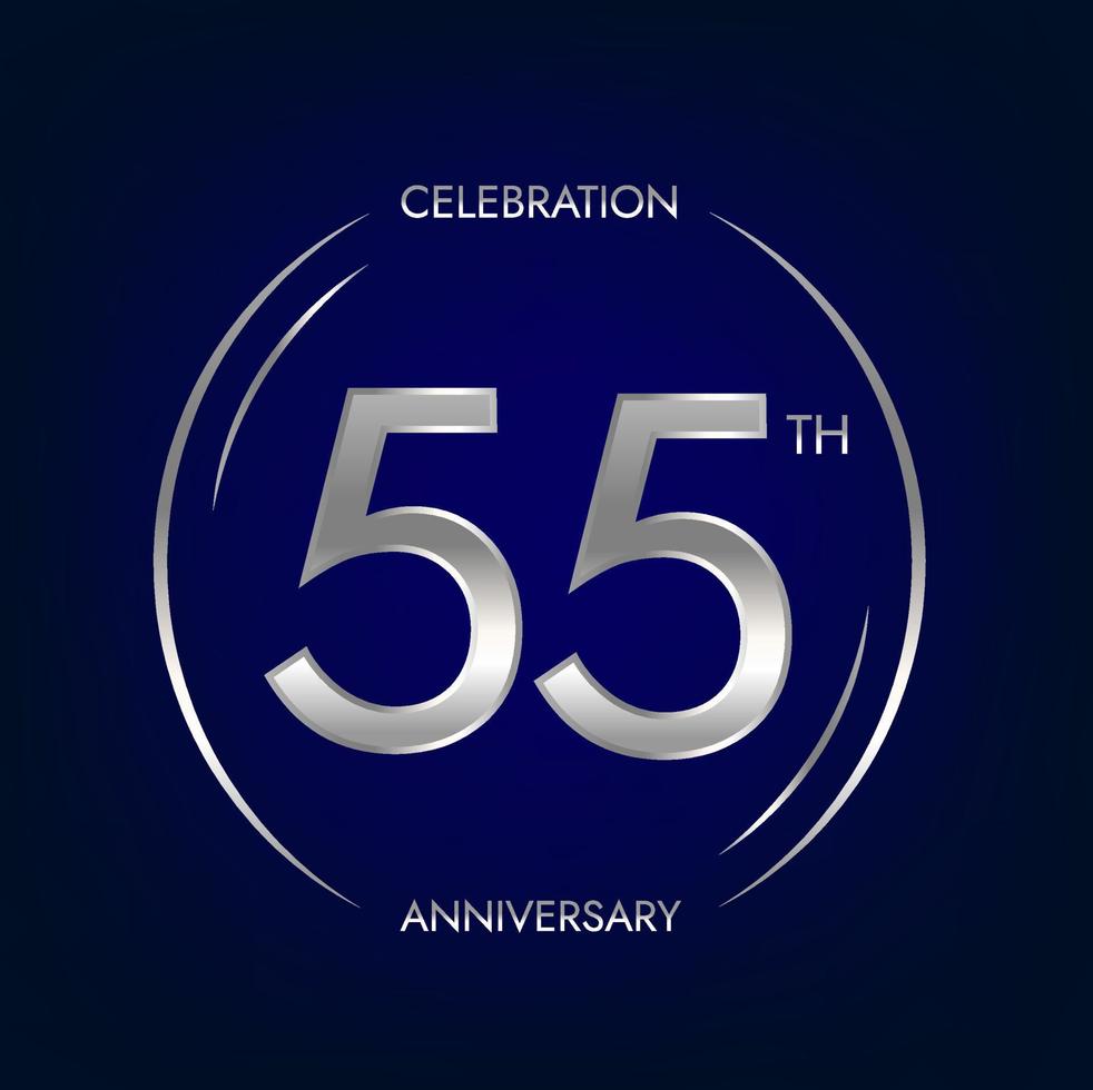 55th anniversary. Fifty-five years birthday celebration banner in silver color. Circular logo with elegant number design. vector