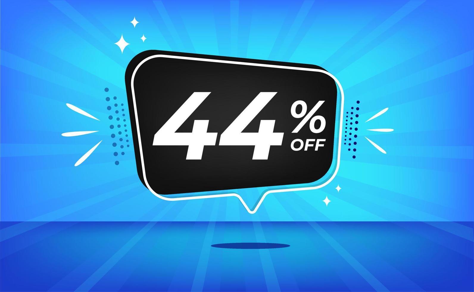 44 percent off. Blue banner with forty-four percent discount on a black balloon for mega big sales. vector