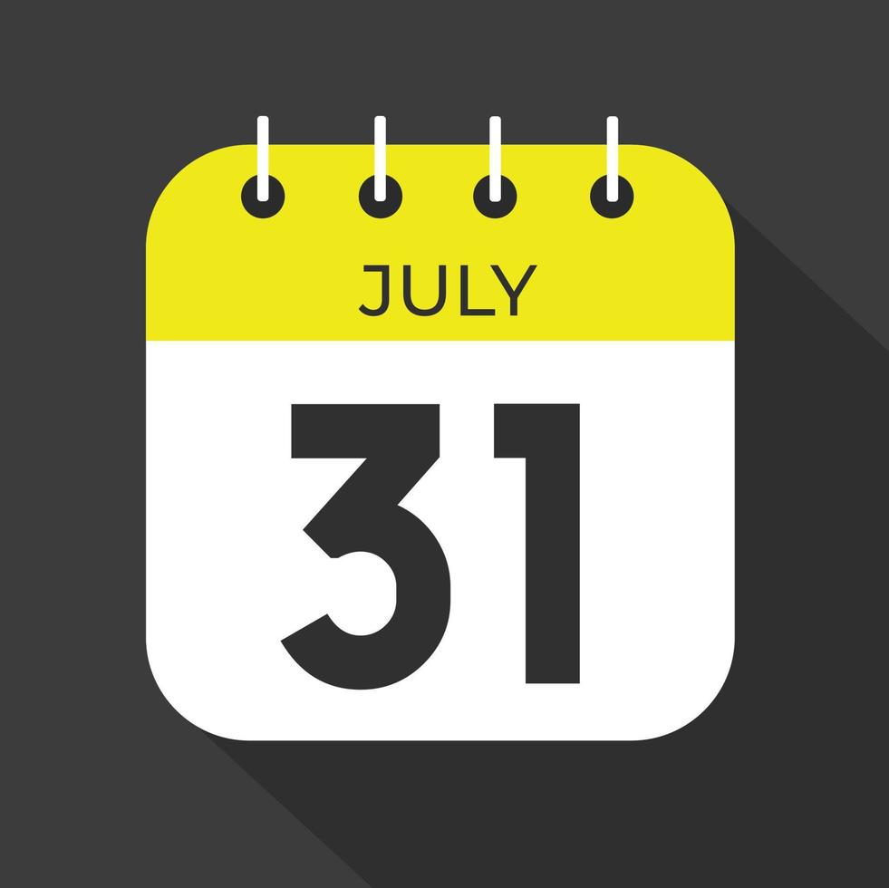 July day 31. Number thirty-one on a white paper with yellow color border on a black background vector. vector