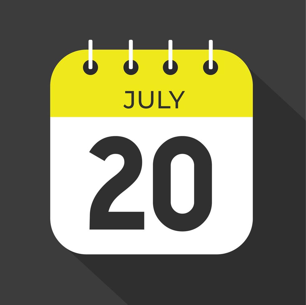 July day 20. Number twenty on a white paper with yellow color border on a black background vector. vector