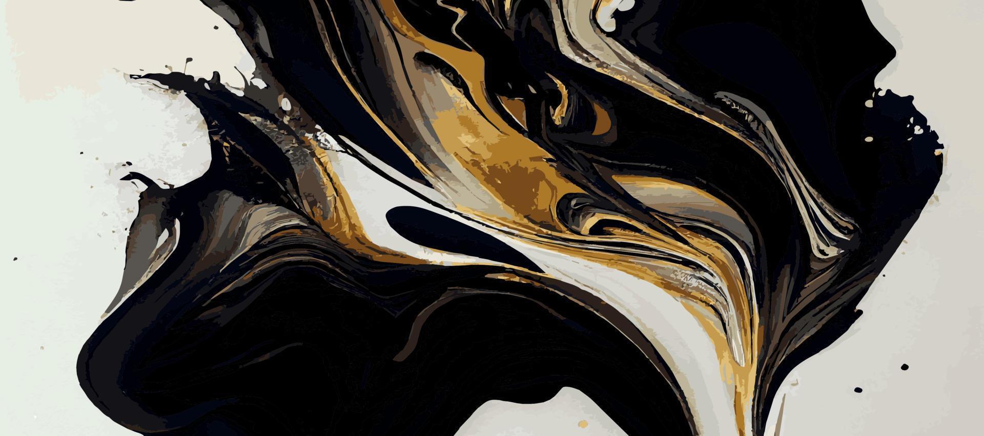 Marble panoramic texture, black gold colored marble surface, curved lines, bright abstract background design - Vector